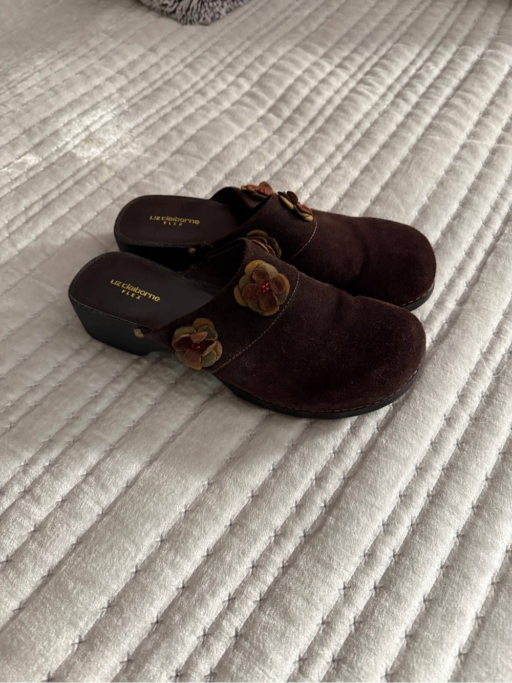 Liz Claiborne Dark Brown Suede Slip-On Clogs with Floral Accents